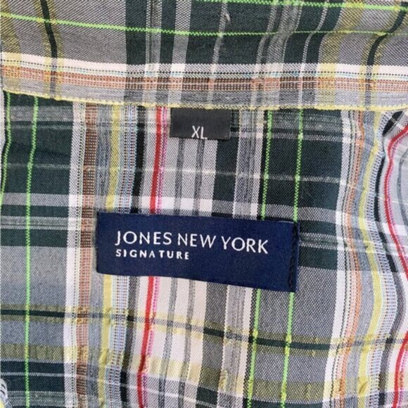 Jones New York Green Wht Plaid Short Sleeve Elastic Hem Snap Front Golf Shirt XL - Picture 3 of 14